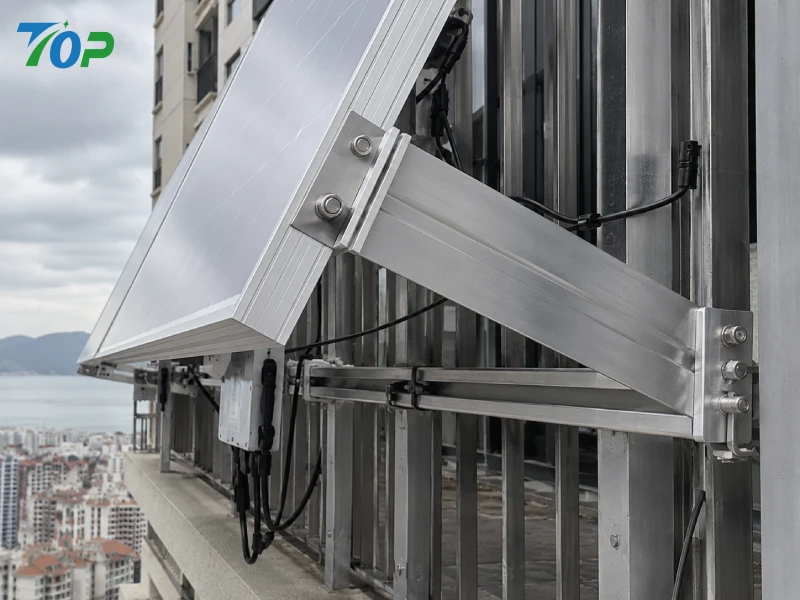 Structural load transfer path from solar panel through aluminum rails and triangular balcony mounting brackets