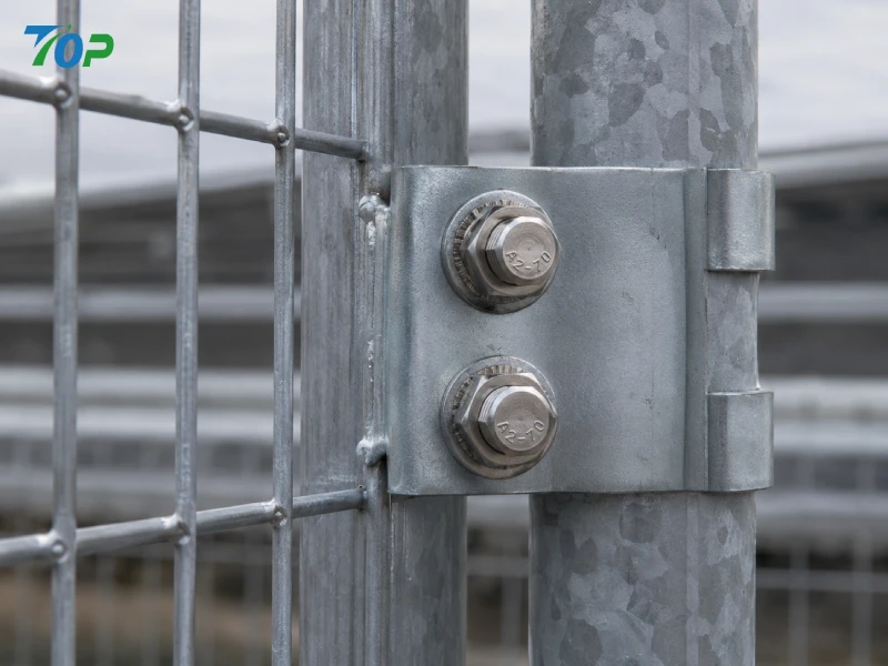 Close-up of SUS304 stainless steel bolt connection on modular solar farm fencing with galvanized anti-corrosion steel structure